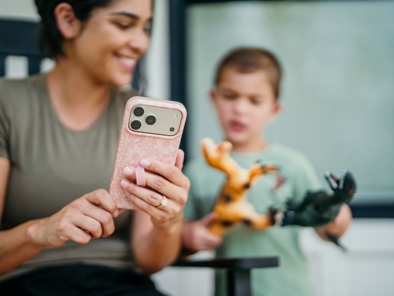 Woman with son on phone
